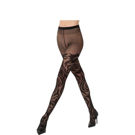 Model wearing Wolford black tights with large rose jacquard pattern, sheer body, worn with black stiletto heels.
