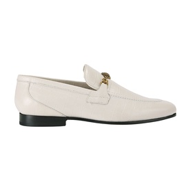 Cream leather loafer with gold chain hardware detail, square toe, and black leather sole