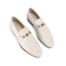 Cream leather loafers with gold-tone chain bar detail, flat sole, clean toe seam, overhead flat-lay view