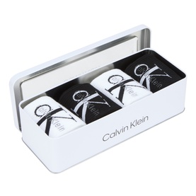 Calvin Klein black and white socks gift set in white metal tin with CK logo ribbon detail, three pairs included