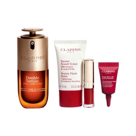 Clarins Beauty All skincare set including Double Serum, Beauty Flash Balm, lip colour, and Total Eye Lift mini