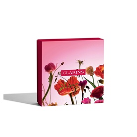 Clarins Beauty All skincare gift set in deep pink floral box with poppy and ranunculus print on gradient pink background