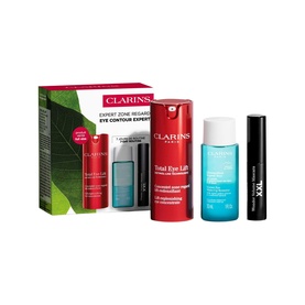 Clarins Expert Eye Contour skincare set including eye lift serum, makeup remover and mascara, presented in gift packaging