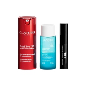 Clarins skincare set featuring Total Eye Lift serum, gentle eye make-up remover, and XXL mascara, three-piece collection