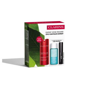 Clarins Expert Zone Regard Eye Contour Expert skincare set, featuring eye cream, micellar water and mascara in green gift box