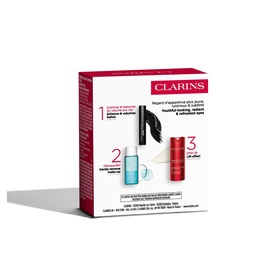 Clarins eye care value set featuring mascara, makeup remover, and eye serum in branded red and white packaging.
