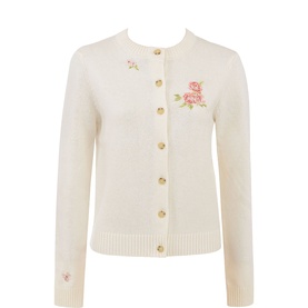 House of CB Daisie Floral Embroidered Cardigan in white with pink rose embroidery, gold buttons, round neck and ribbed trims