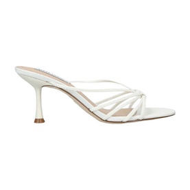 Steve Madden white strappy square-toe mule heels with multi-strap knot detail and slim stiletto heel, side view