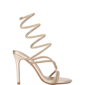 KG by Kurt Geiger Sloane Embellished Stiletto Heels in gold with crystal-encrusted spiral ankle strap and strappy toe design
