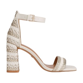 KG by Kurt Geiger Sunnie Braided Block Heels in white with striped braided upper, ankle strap, gold-tone buckle, and block heel