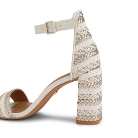 KG by Kurt Geiger Sunnie Braided Block Heels in white, striped woven upper, ankle strap with gold-tone buckle, block heel