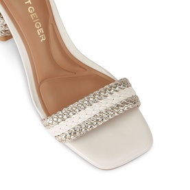 KG by Kurt Geiger Sunnie Braided Block Heels in white with crystal-embellished braided straps and square toe, overhead shot