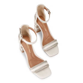 KG by Kurt Geiger Sunnie Braided Block Heels in white with braided upper, ankle strap, gold-tone buckle, and block heel
