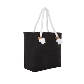 Seafolly Ship Sail Tote Bag in black canvas with white rope handles, knot detailing, and cork-effect hardware accents.