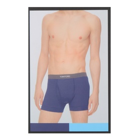 Model wearing Tom Ford Two-Pack Logo Boxers in Navy, showing elasticated logo waistband and stretch cotton fit
