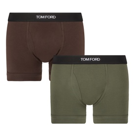 Tom Ford Two-Pack Logo Boxers in chocolate and military green with black elasticated logo waistband, 95% cotton stretch design.