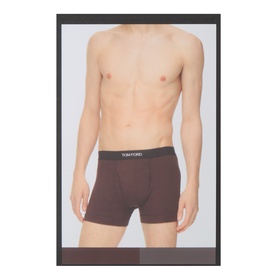 Model wearing Tom Ford Two-Pack Logo Boxers in Chocolate, showing logo elasticated waistband and stretch cotton fit