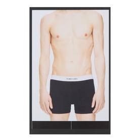 Model wearing Tom Ford Boxers 2Pk in black with white waistband logo trim, cotton blend, shown in branded packaging shot.