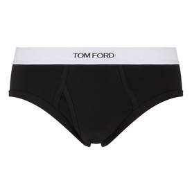 Tom Ford Briefs in black with wide white logo waistband, cotton-elastane blend