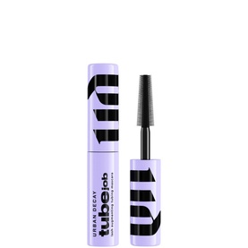 Urban Decay Tube Job Mascara Travel Size in Intense Black, 5ml, lilac tube with bold graphic print and wand applicator shown