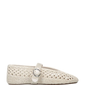 Steve Madden cream crochet Mary Jane flat with silver buckle strap and square toe, lightweight woven upper