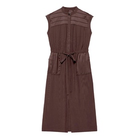 Mint Velvet brown sleeveless midi dress with lace trim panel, drawstring tie waist, and side pockets