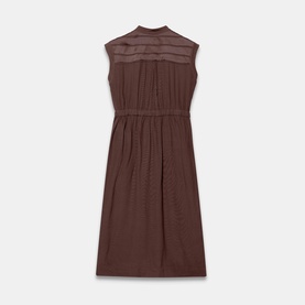 Mint Velvet brown sleeveless midi dress with sheer yoke panel, gathered waist, and button-front detail, flat lay view