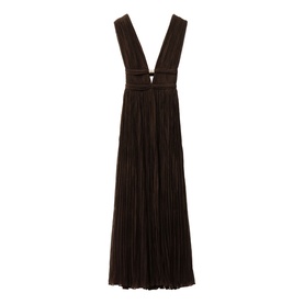 Bash Tania Pleated Dress in brown, deep V-neck, waist cut-out with metal jewel detail, pleated maxi skirt, no model