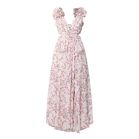 Anne Louise Boutique pink floral maxi dress with ruffle shoulder straps, V-neckline, cinched waist, and full flowing skirt