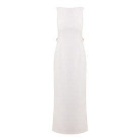 Anne Louise Boutique Rose Bow Dress in rose, sleeveless maxi with high neckline, cut-out waist detail and bow trim