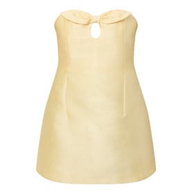 Bernadette Soft Yellow strapless mini dress, back view with bow keyhole detail and structured A-line silhouette