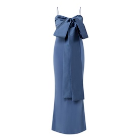 Bernadette mid blue satin maxi dress with oversized front bow detail and thin shoulder straps