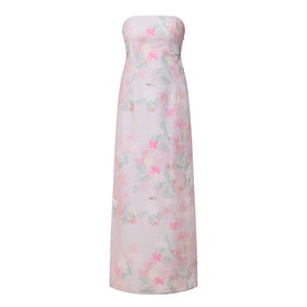 Bernadette Clematis Montana Pink strapless maxi dress with floral print in pink, green and white tones, floor-length silhouette