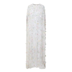 Bernadette Clematis Emb White maxi dress with floral embroidery, 3D petal appliqu&eacute;, cape overlay, and crew neck in ivory viscose