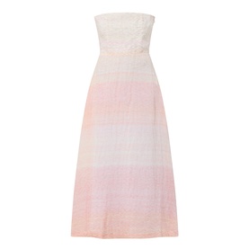 Bernadette strapless midi dress in Spanish Seaside, ombr&eacute; pink-to-white gradient, textured silk-linen blend with fitted bodice.