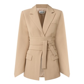 Odd Muse camel blazer jacket with tie waist belt, notch lapels, and front patch pockets