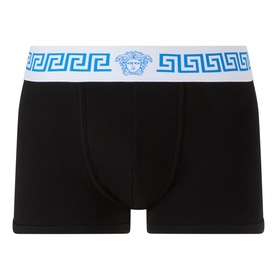 Versace Boxers in black with white waistband featuring electric blue Greca border print and Medusa logo detail.