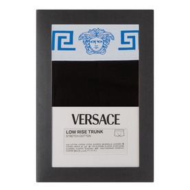 Versace Low Rise Trunk boxers in black with blue and white Medusa Greca waistband, single pack packaging