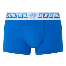 Versace Boxers in electric blue with white Greca-patterned waistband and Medusa logo detail