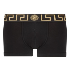 Versace Boxers in black with gold Greca border waistband and Medusa medallion detail at centre front.