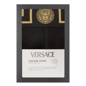 Versace Low Rise Trunk boxers in black with gold Medusa logo waistband, presented in branded gift box packaging.