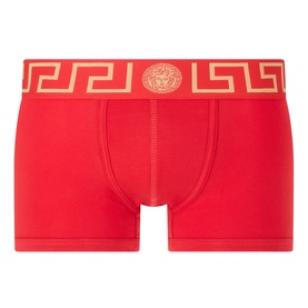 Versace red cotton boxer shorts with gold Greca border waistband and Medusa logo detail