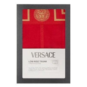 Versace Low Rise Trunk boxers in red with gold Medusa and Greek key waistband, presented in branded gift box