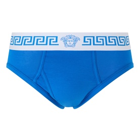 Versace electric blue cotton briefs with white Greca-border waistband and Medusa logo detail