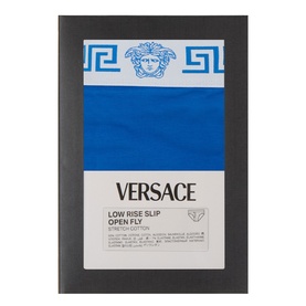 Versace Low Rise Slip Open Fly Briefs in electric blue, packaged with Medusa logo branding and Greek key border detail