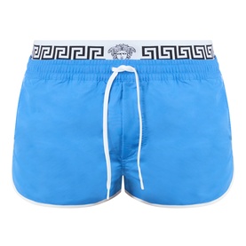 Versace azure swim shorts with white drawstring, black and white Greca border waistband with Medusa logo detail