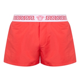 Versace swim shorts in Vintage Red with white Greca-patterned waistband and Medusa logo, 100% polyester