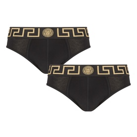 Versace black cotton briefs 2-pack with gold Greca border waistband and Medusa logo detail