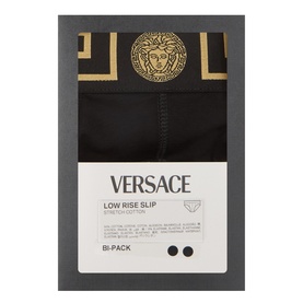 Versace Low Rise Slip Briefs 2-pack in black with gold Medusa waistband detail, shown in branded packaging box