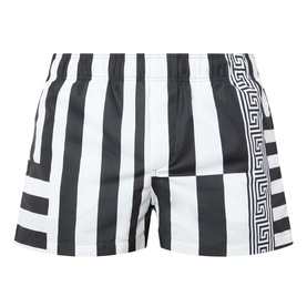 Versace swim shorts in black and white vertical stripes with Greca border detail on side panel, elasticated waistband